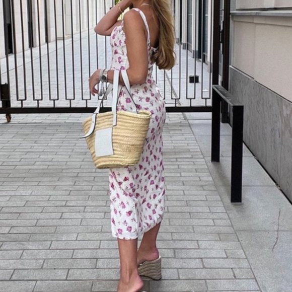 ZARA LINEN FLORAL BUSTIER EYELET SMOCKED BACK FULLY LINED MIDI DRESS - Picture 10 of 14